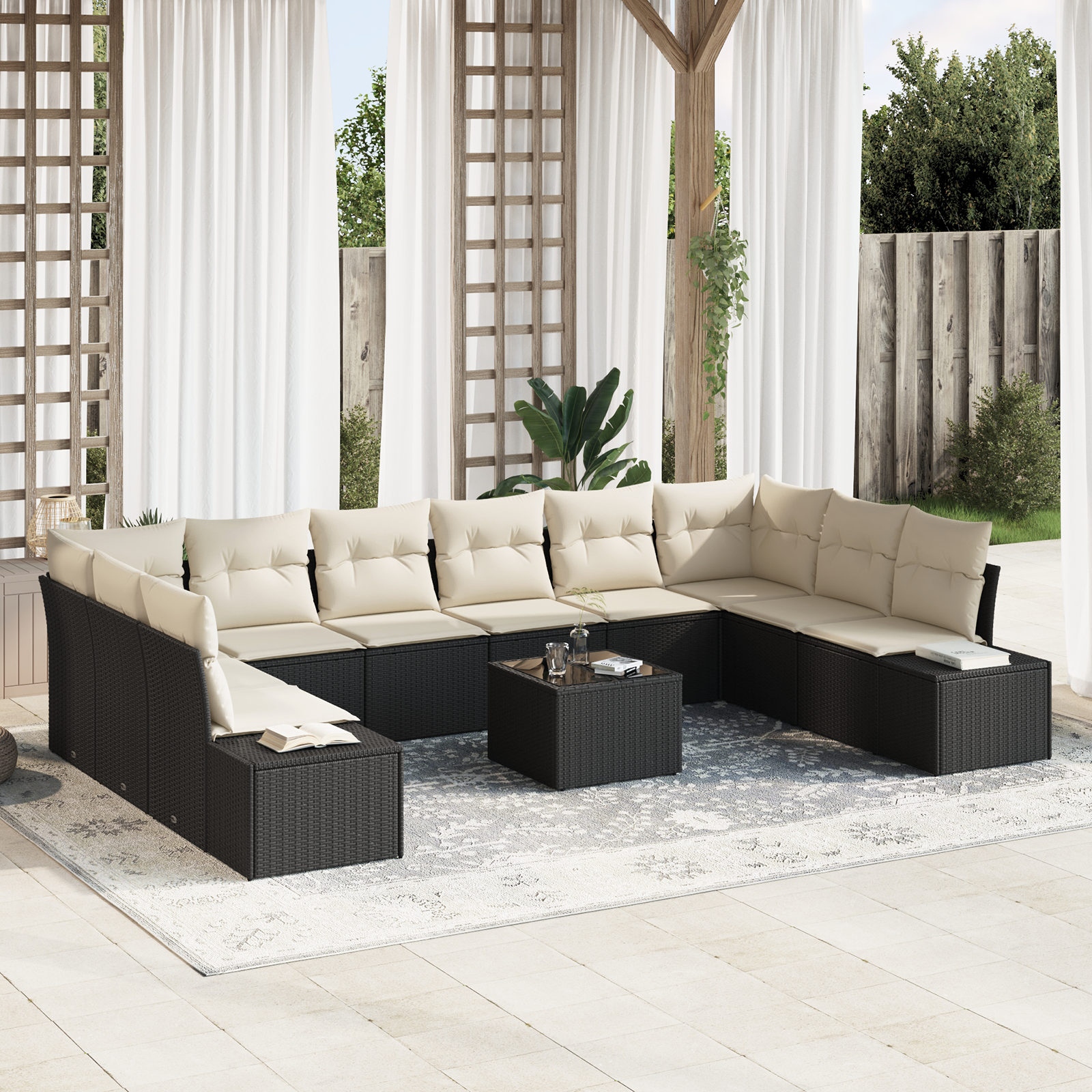 Set da giardino di 10 pezzi con cuscini in polyrattan marrone