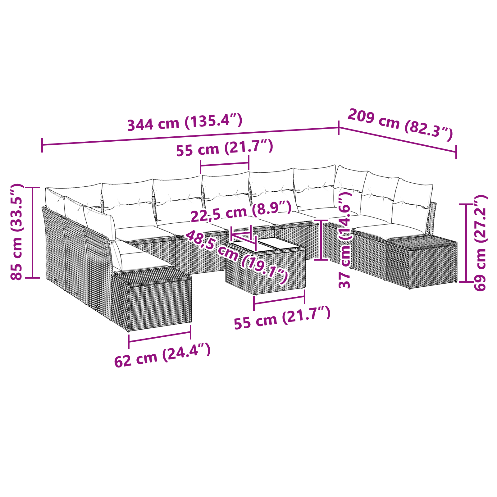 Set da giardino di 10 pezzi con cuscini in polyrattan marrone