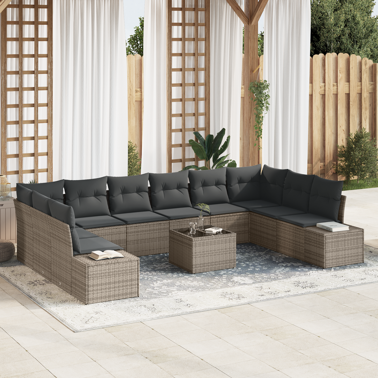 Set Divano da Giardino da 10 pezzi con Cuscini Nero in Polyrattan