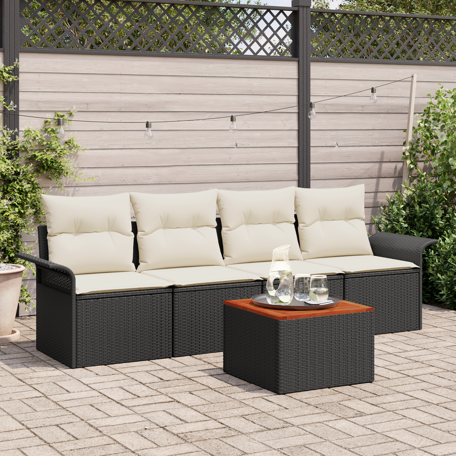 Set di Sofà da Giardino 5 Pezzi con Cuscini Nero Polyrattan Acacia