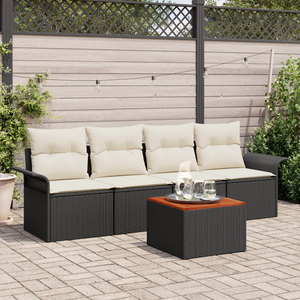Set di Sofà da Giardino 5 Pezzi con Cuscini Nero Polyrattan Acacia