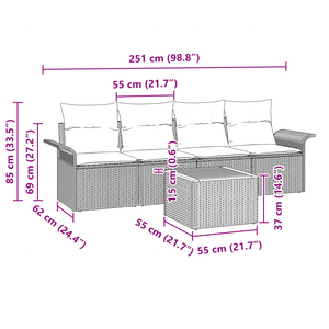 Set Divano da Giardino 5 Pezzi con Cuscini Grigio Polyrattan