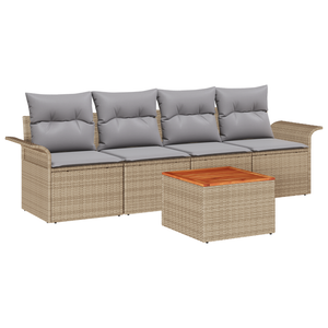 Set di divani da giardino a 5 pezzi con cuscini beige in polyrattan e acacia