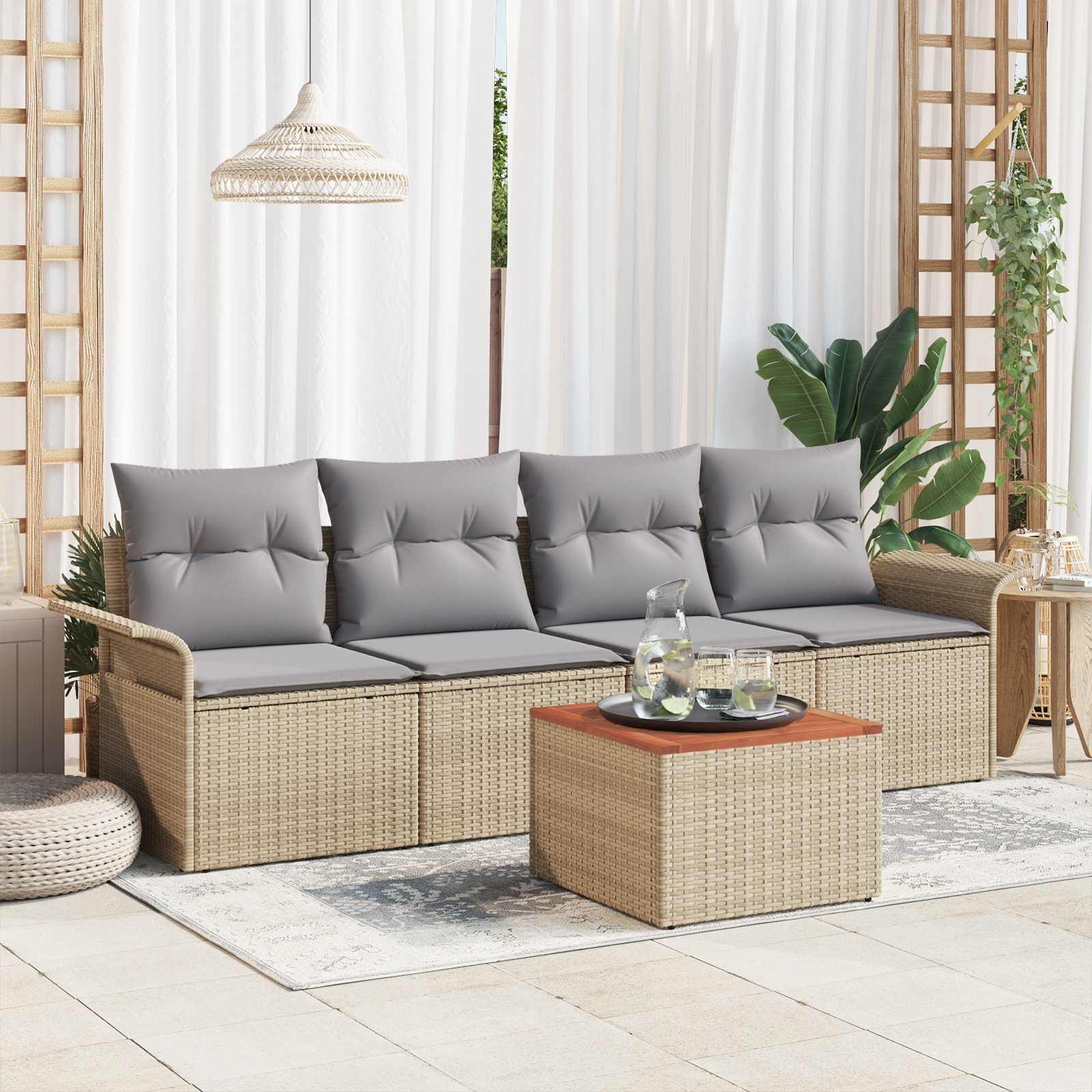 Set di divani da giardino a 5 pezzi con cuscini beige in polyrattan e acacia