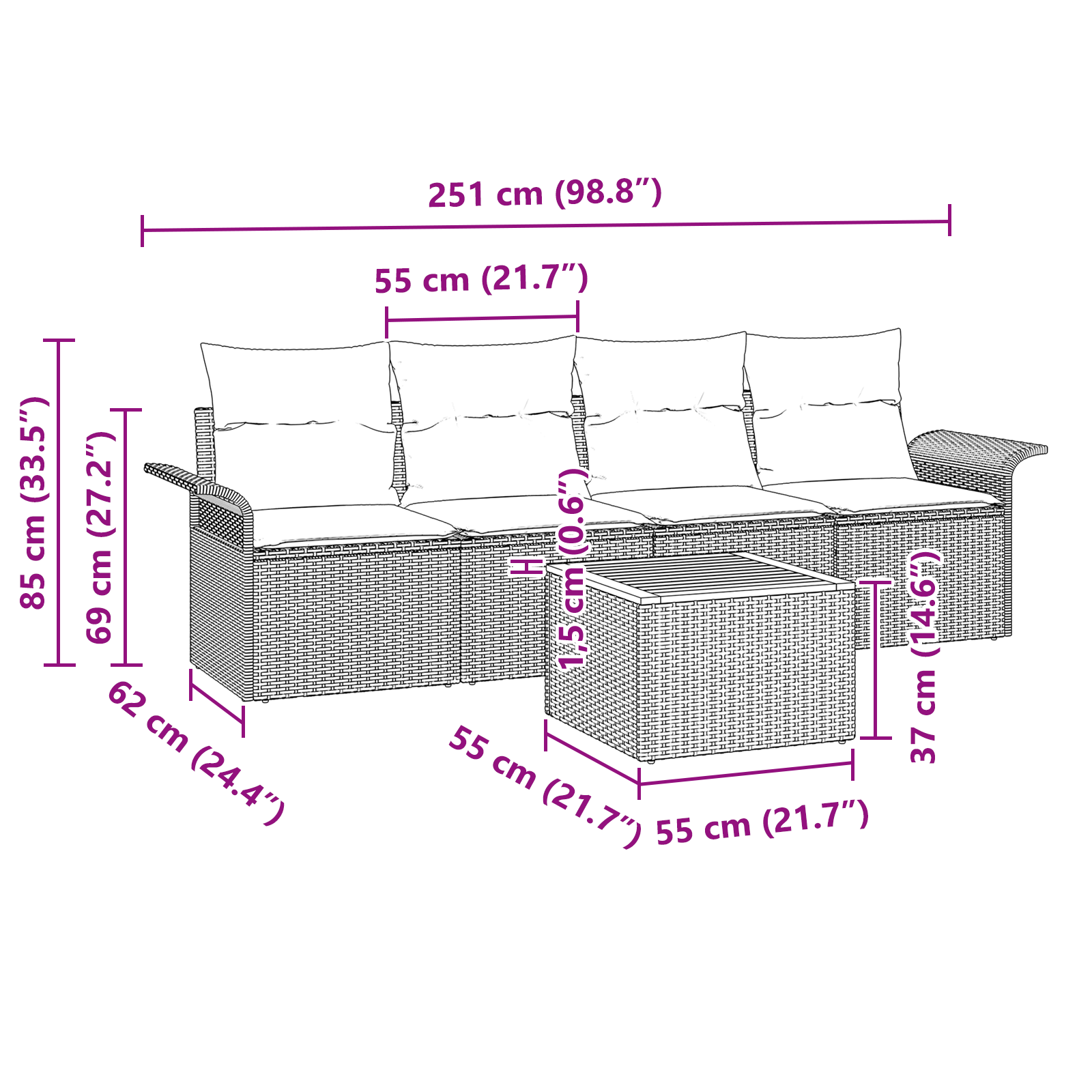Set di divani da giardino a 5 pezzi con cuscini beige in polyrattan e acacia