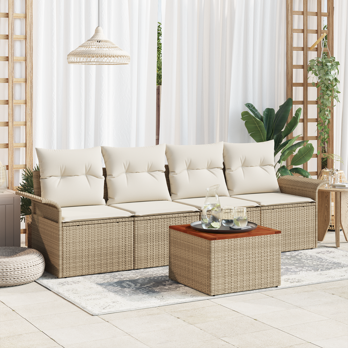 Set di Sofà da Giardino da 5 Pezzi con Cuscini Beige in Rattan Polietilene Acacia