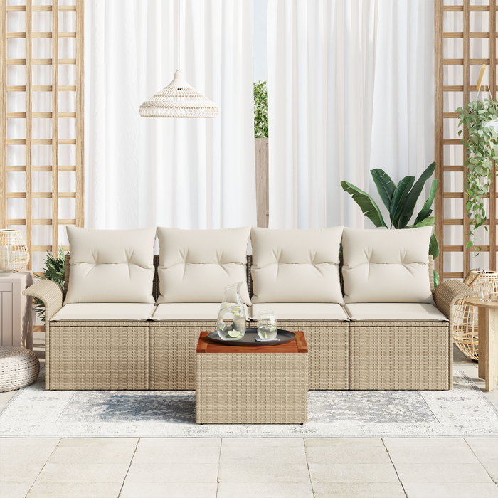 Set di Sofà da Giardino da 5 Pezzi con Cuscini Beige in Rattan Polietilene Acacia