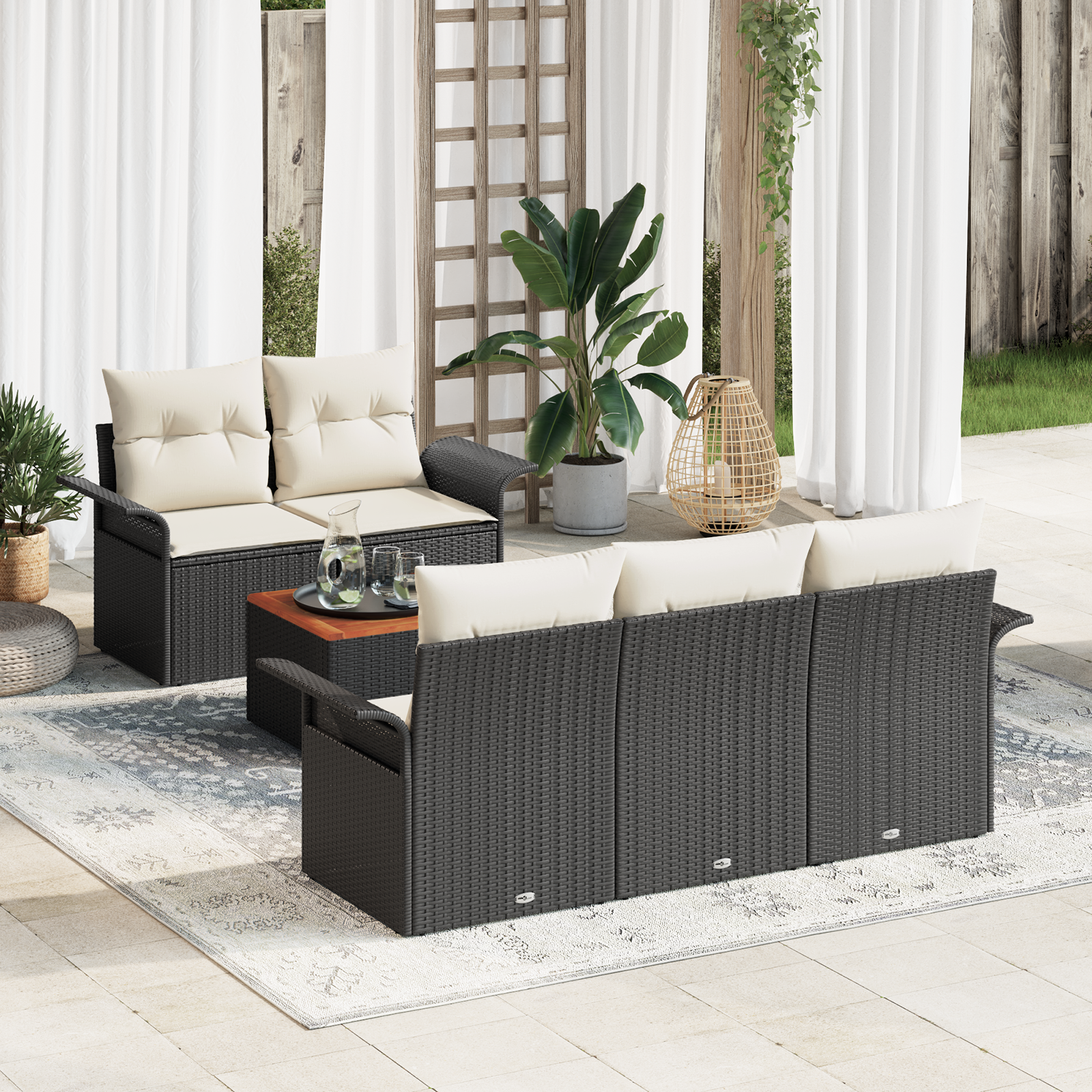 Set di Divano da Giardino 6 Pezzi con Cuscini Nero Rattan Poliestere Acacia