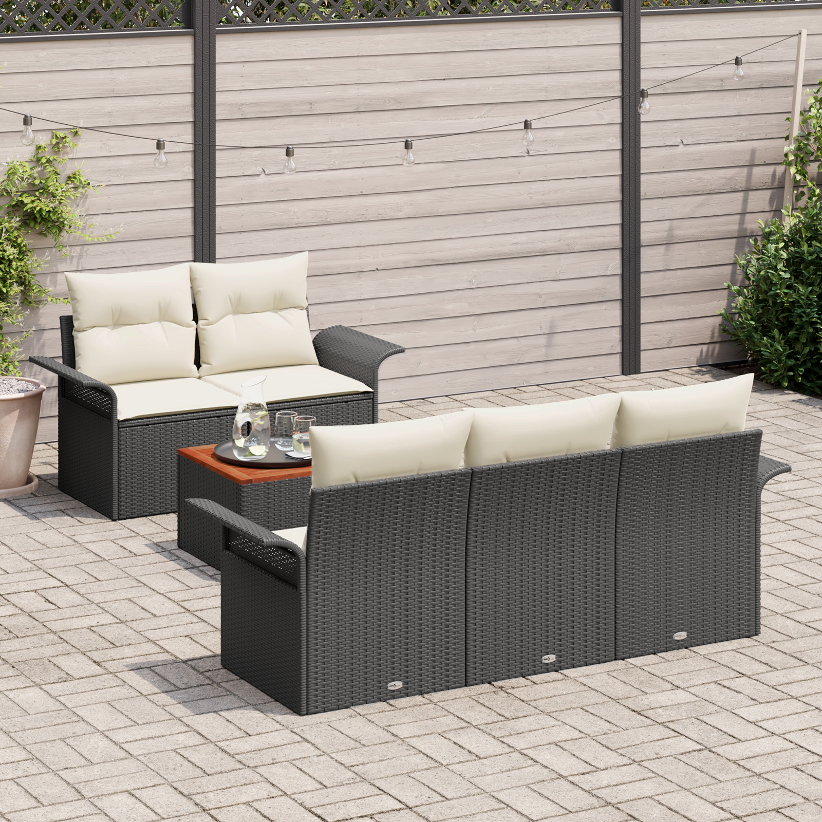Set di Divano da Giardino 6 Pezzi con Cuscini Nero Rattan Poliestere Acacia