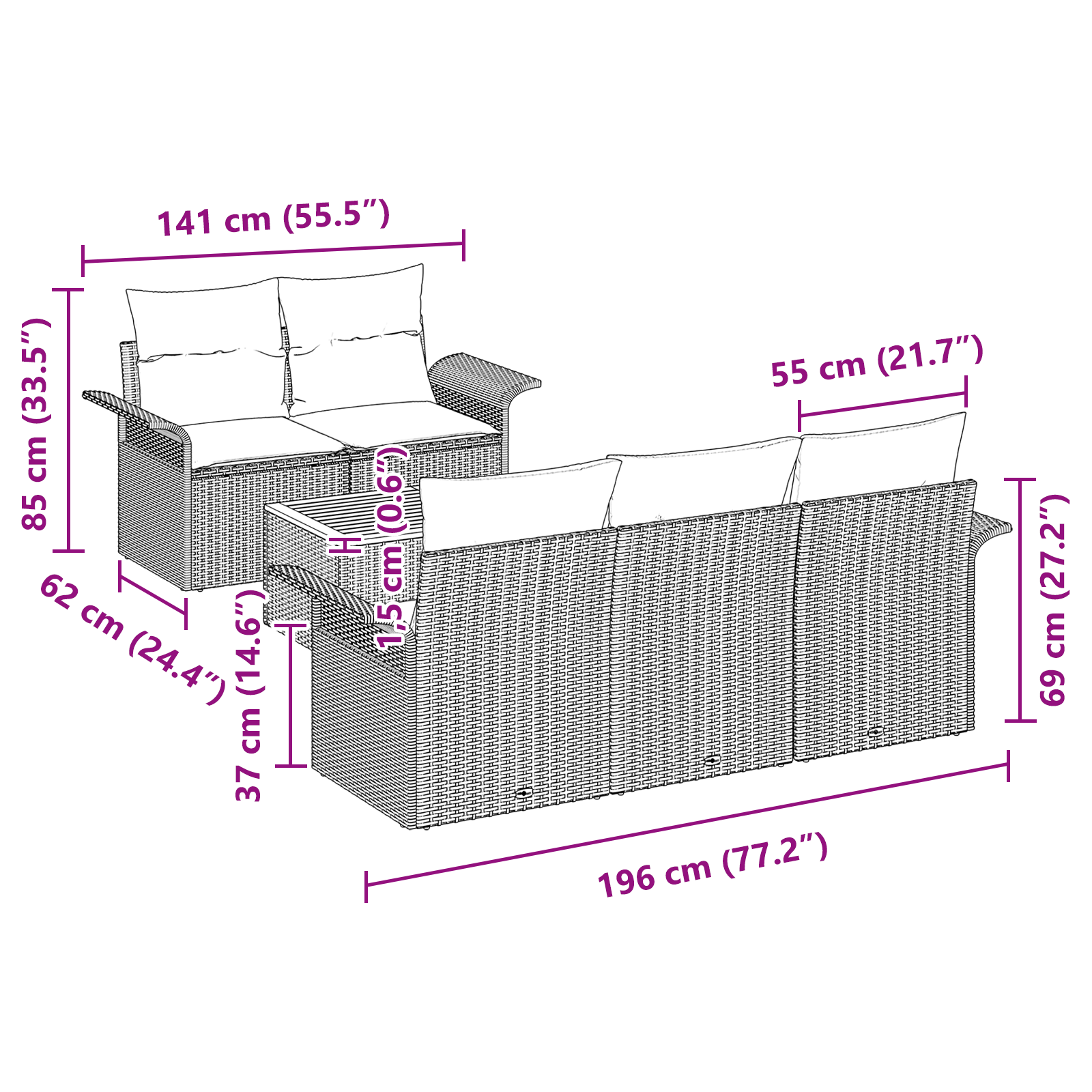 Set di Divano da Giardino 6 Pezzi con Cuscini Nero Rattan Poliestere Acacia
