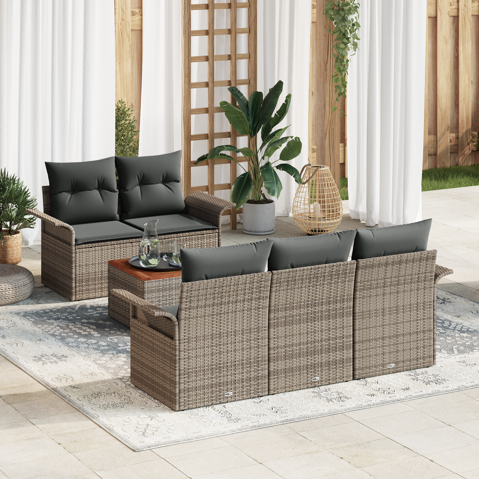 Set Divano da Giardino 6 Pezzi con Cuscini Grigio Polyrattan Acacia