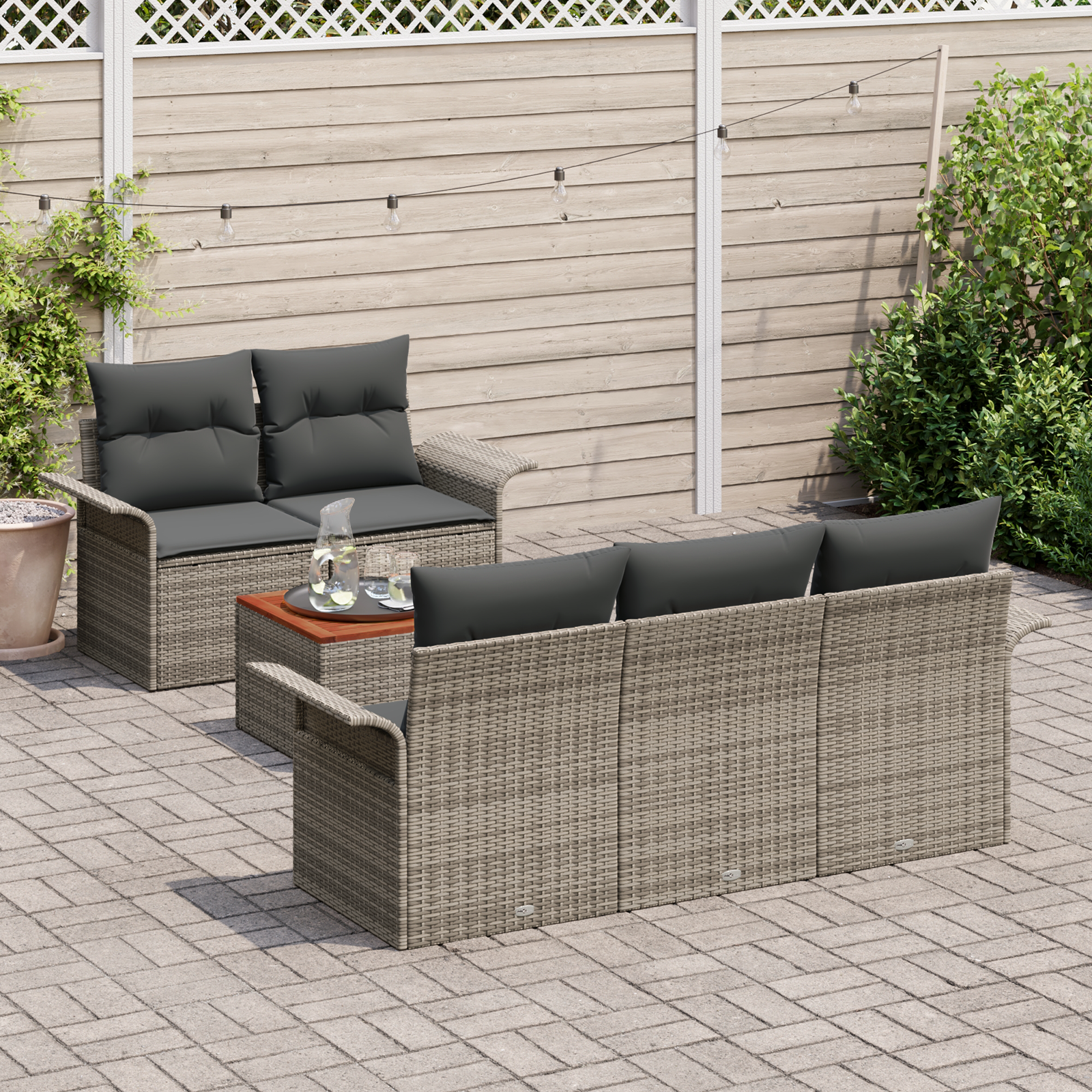 Set Divano da Giardino 6 Pezzi con Cuscini Grigio Polyrattan Acacia