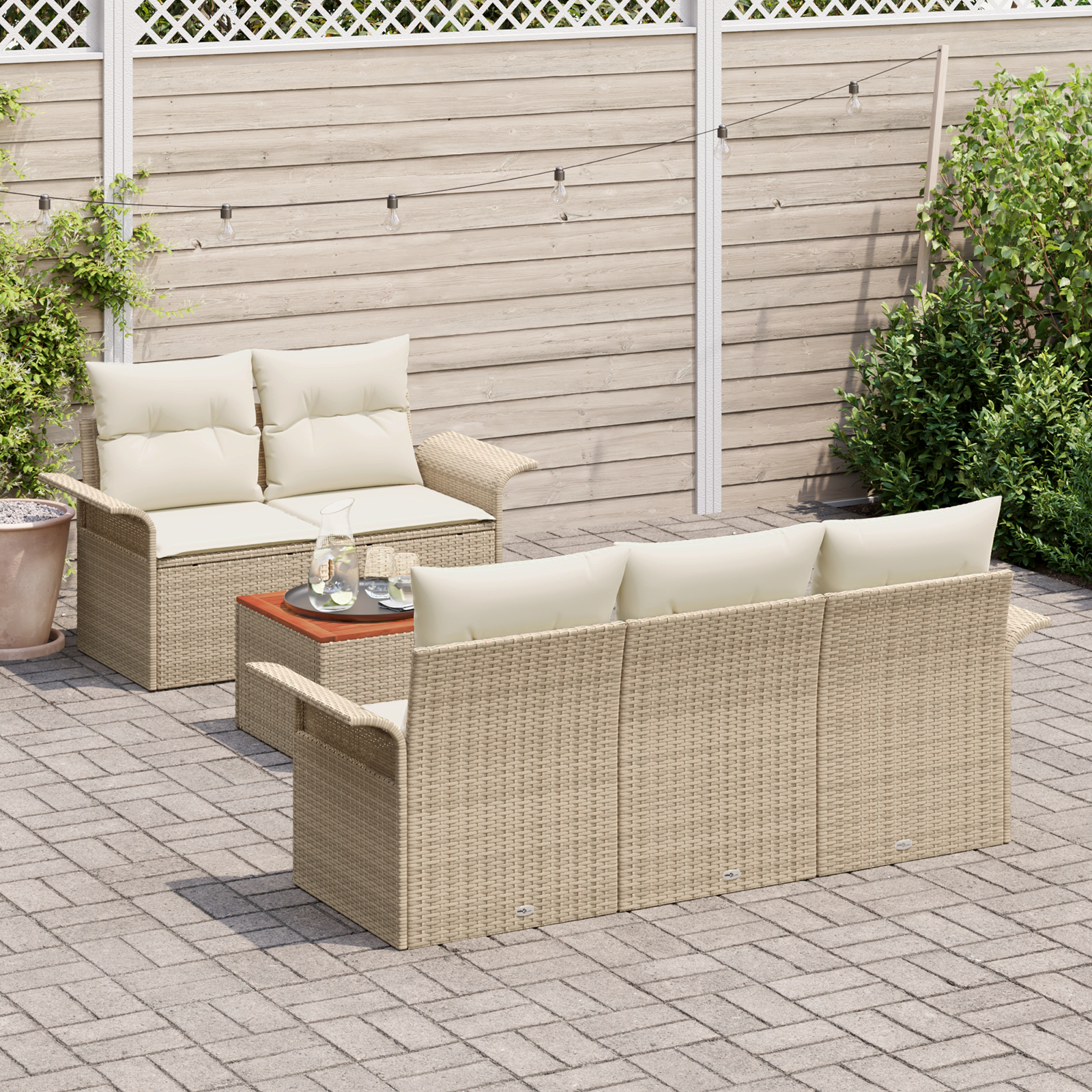 Set Divano da Giardino 6 Pezzi con Cuscini Beige Poly Rattan Acacia