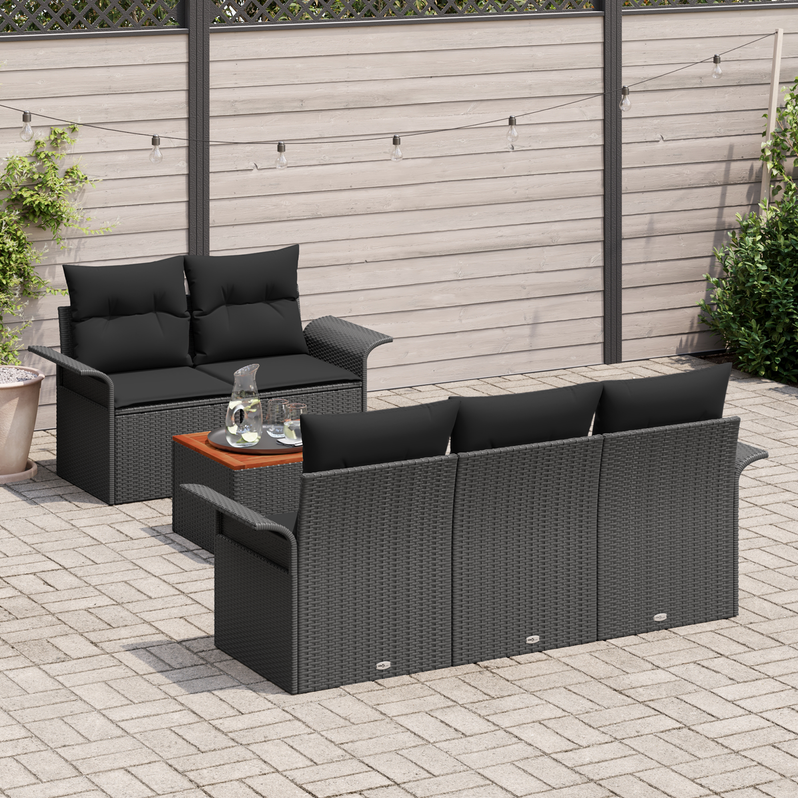Set Divano da Giardino 6 Pezzi con Cuscini Neri Polyrattan Acacia