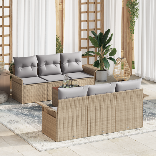 Set Divani Giardino 7 Pezzi con Cuscini in Polirattan Beige Acacia