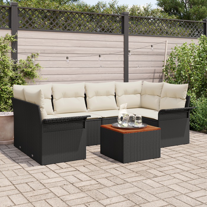 Set Divano da Giardino a 7 Pezzi con Cuscini Nero Polyrattan Acacia