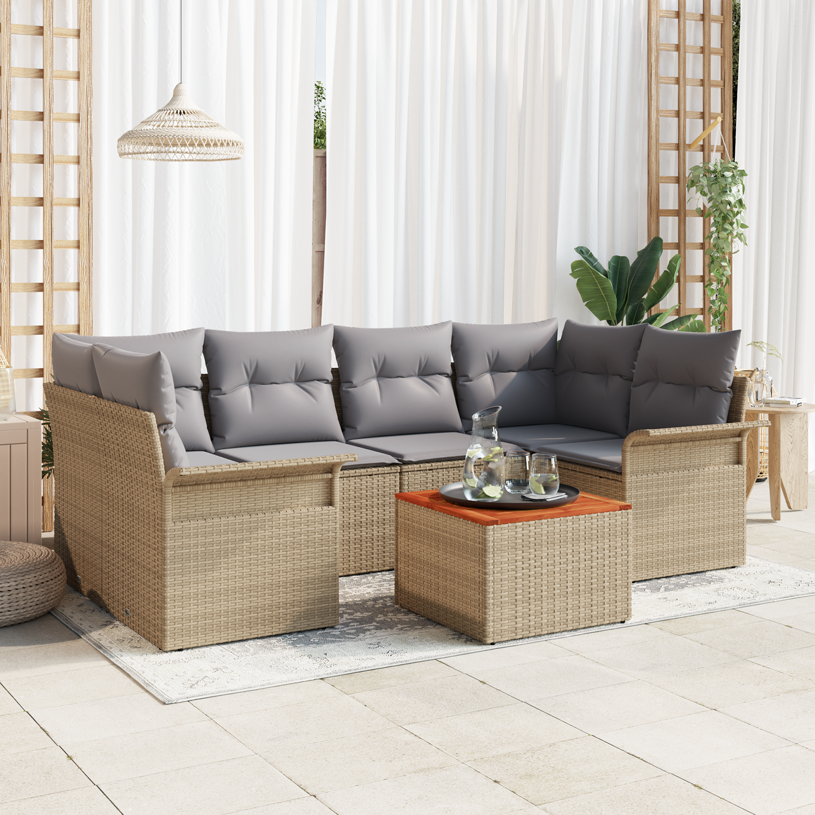 Set di divani da giardino da 7 pezzi con cuscini beige in polyrattan e acacia