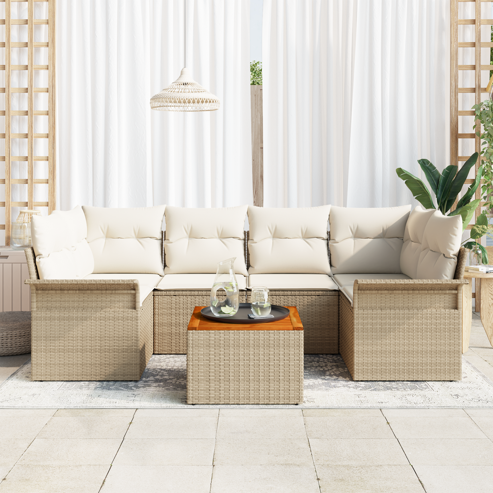 Set di divani da giardino 7 pezzi con cuscini Beige Polirattan Acacia