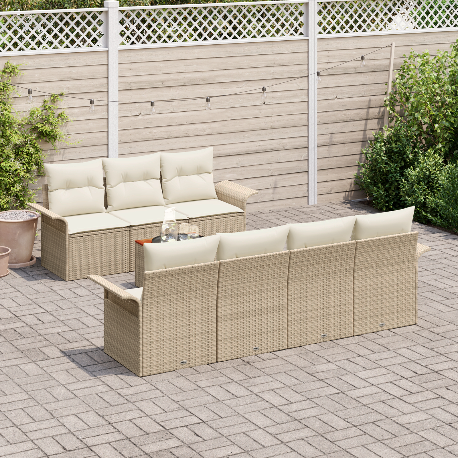 Set di divani da giardino 8 pezzi con cuscini beige in polirattan e acacia