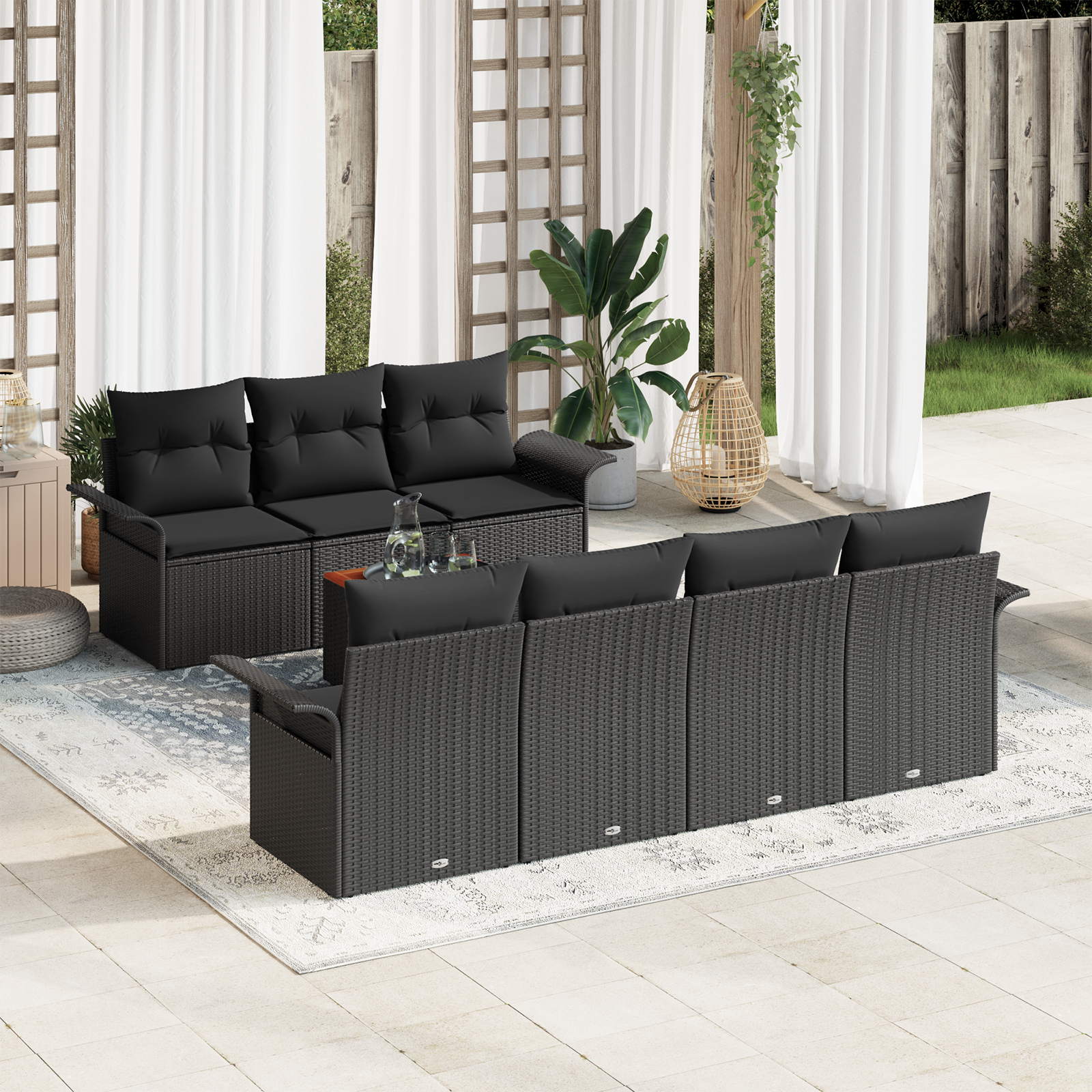 Set di Divano da Giardino 8 pezzi con Cuscini Nero Polirattan Acacia