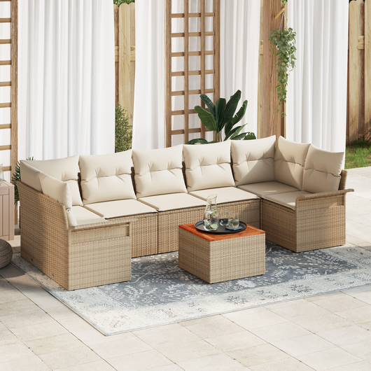Set di divani da giardino da 8 pezzi con cuscini beige in polyrattan e acacia