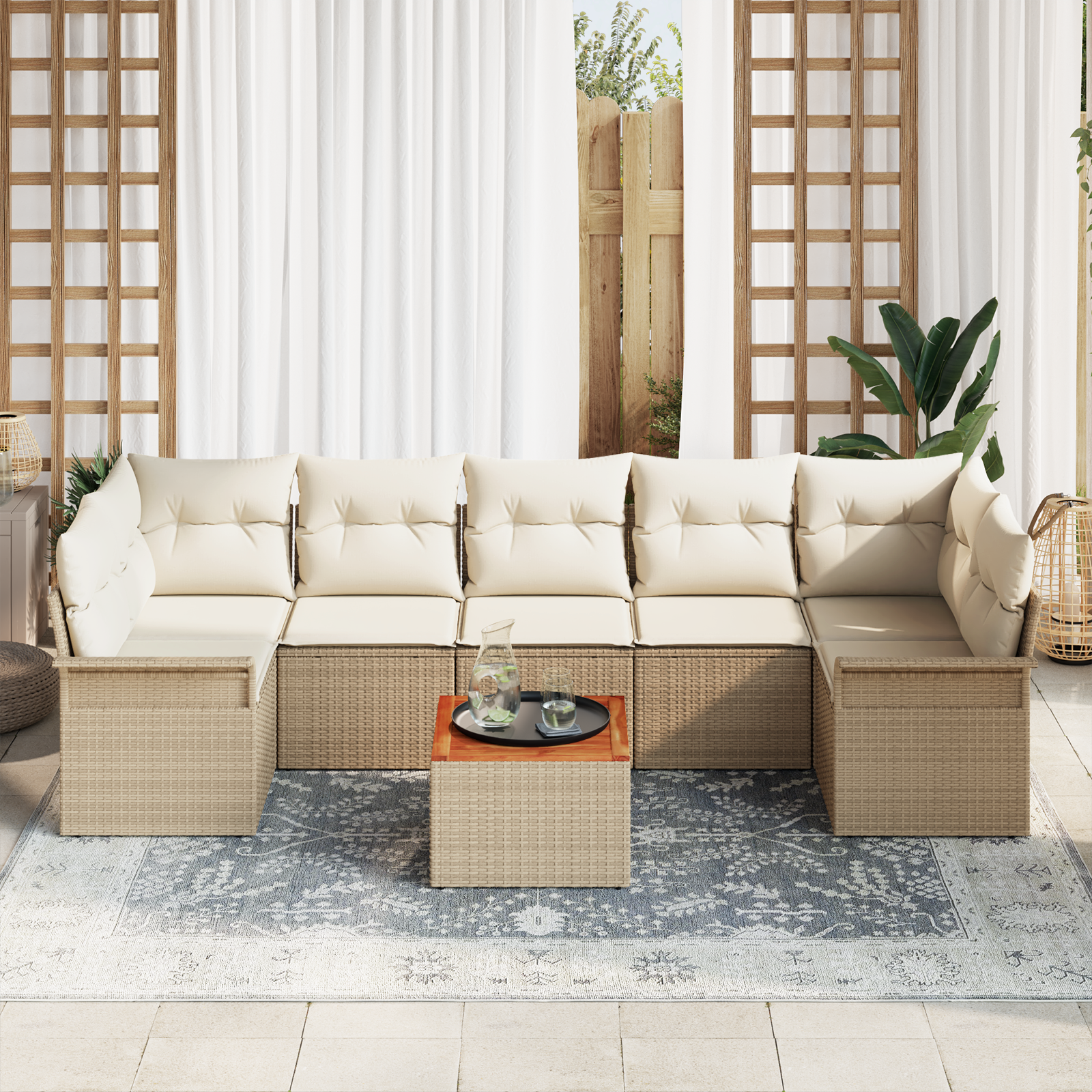 Set di divani da giardino da 8 pezzi con cuscini beige in polyrattan e acacia
