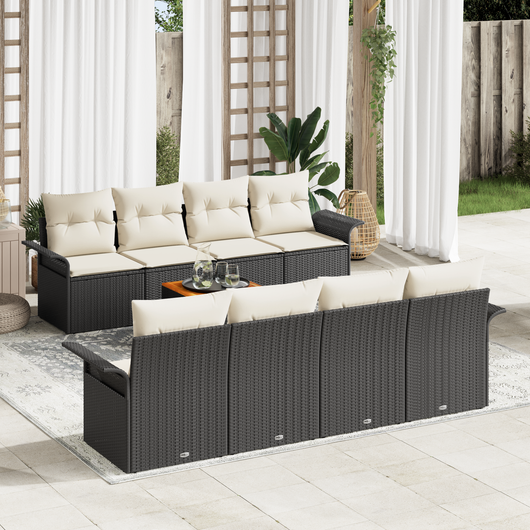 Set di divani da giardino da 9 pezzi con cuscini Nero Polyrattan