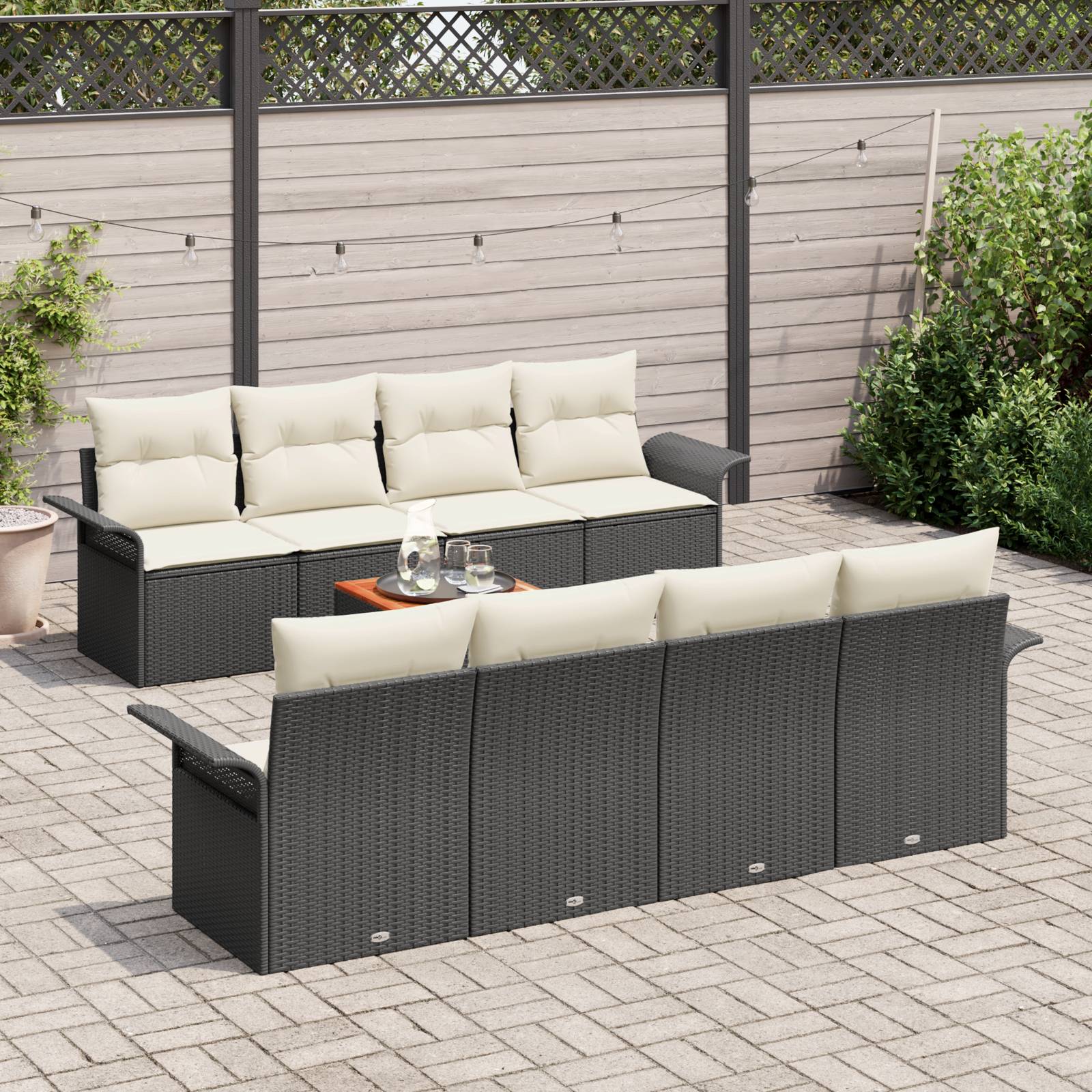 Set di divani da giardino da 9 pezzi con cuscini Nero Polyrattan