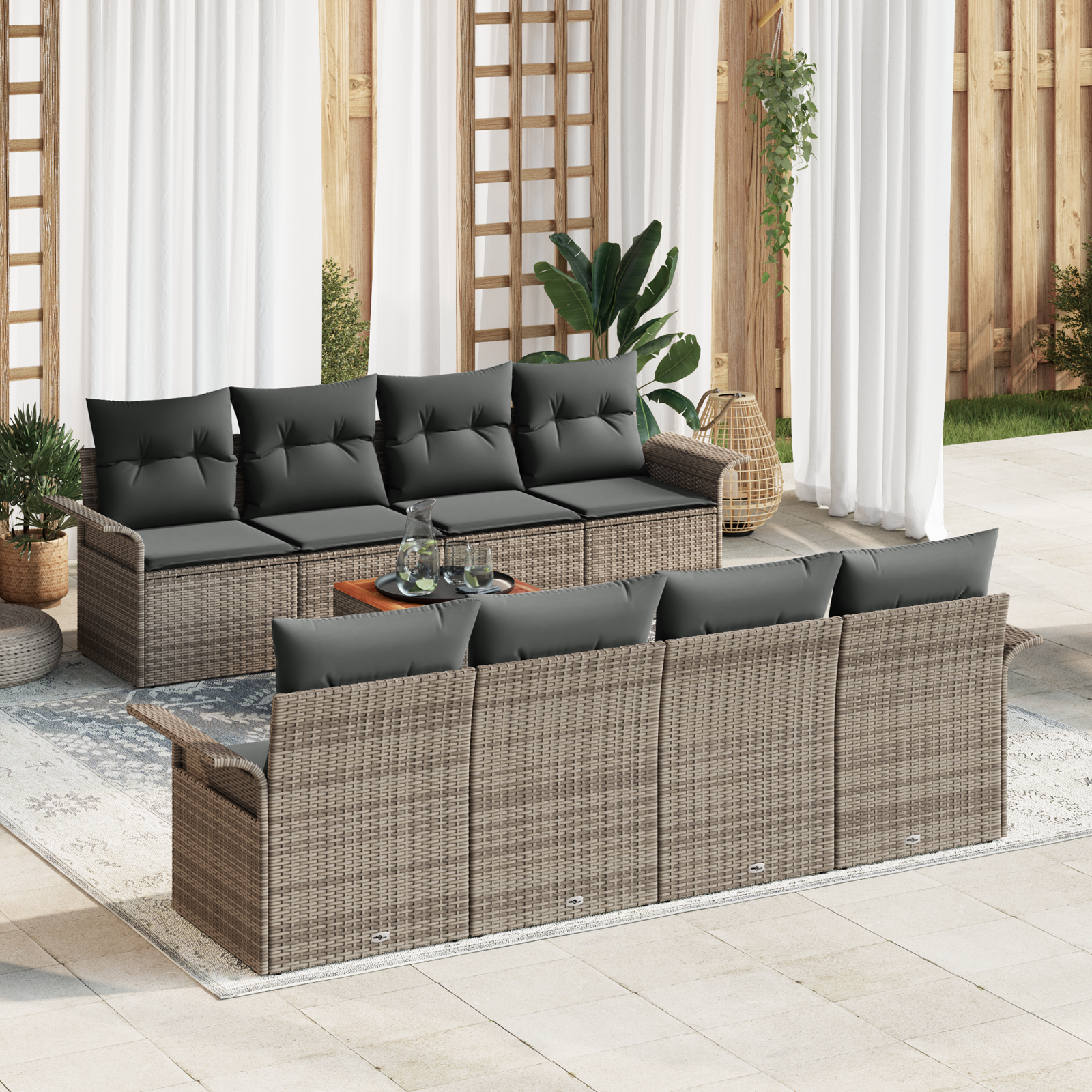 Set Divano da Giardino di 9 Pezzi con Cuscini Grigio Polyrattan Acacia