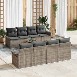 Set Divano da Giardino di 9 Pezzi con Cuscini Grigio Polyrattan Acacia