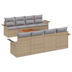 Set Divano da Giardino 9 Pezzi con Cuscini Beige Polyrattan Acacia