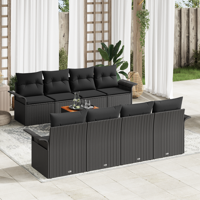 Set Divano da Giardino 9 Pezzi con Cuscini Nero Polyrattan Acacia