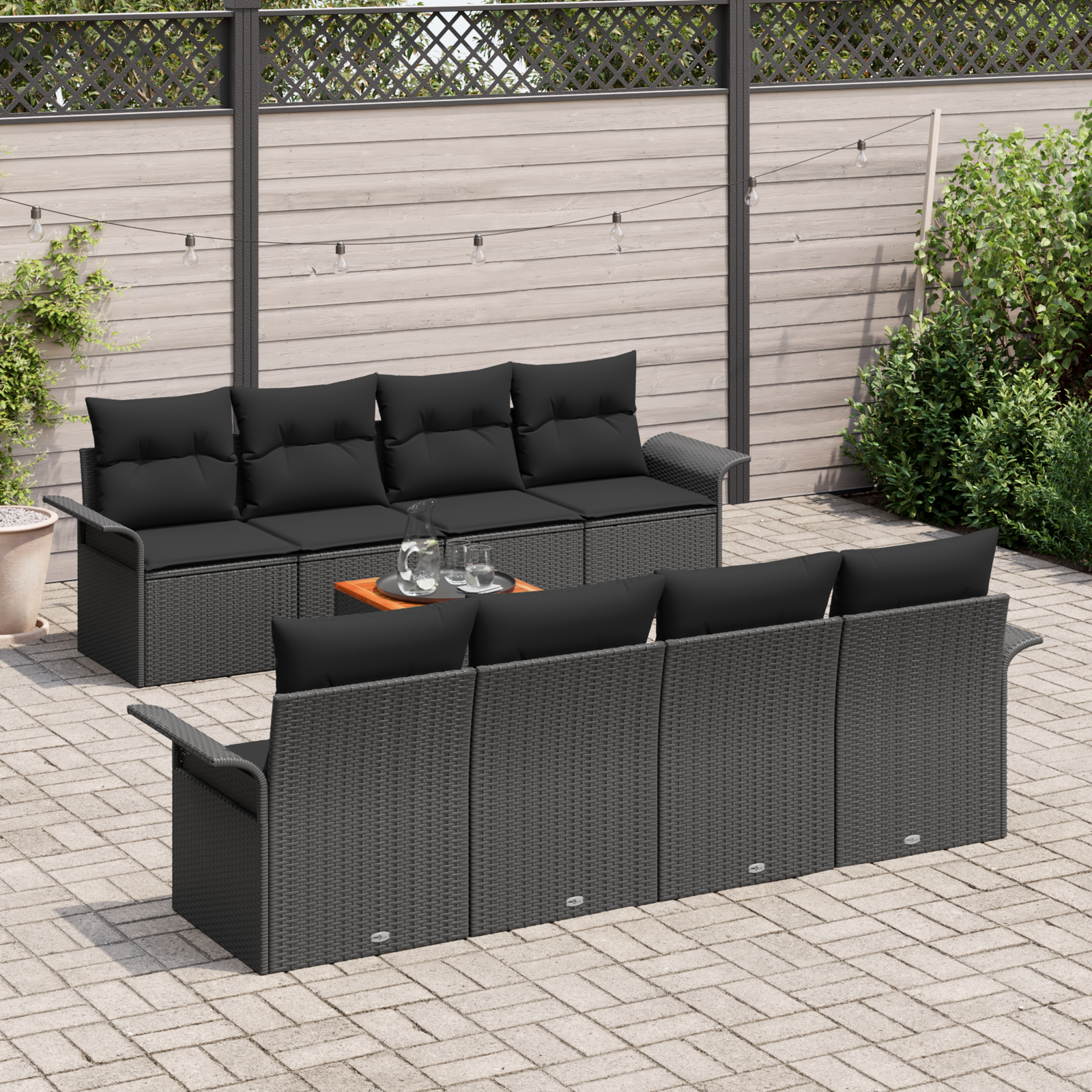 Set Divano da Giardino 9 Pezzi con Cuscini Nero Polyrattan Acacia