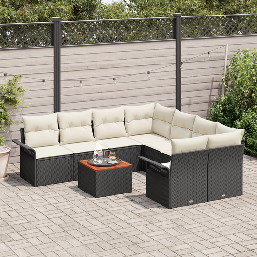Set di Divani da Giardino da 9 Pezzi con Cuscini Nero Polirattan Acacia