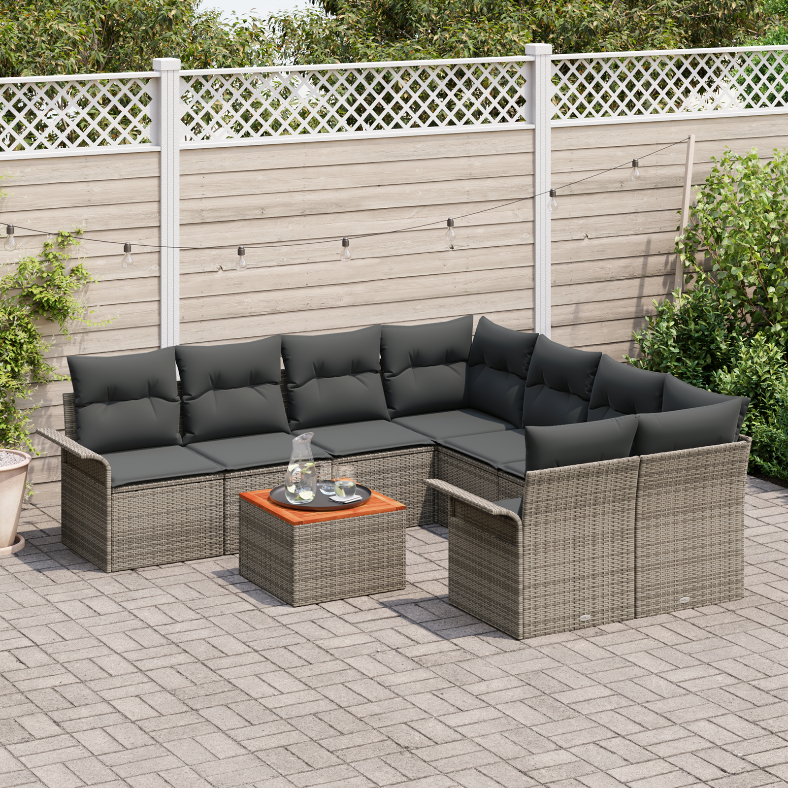 Set da Giardino da 9 Pezzi con Cuscini Grigio Polyrattan Acacia