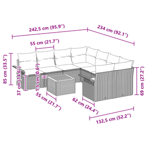 Set da Giardino da 9 Pezzi con Cuscini Grigio Polyrattan Acacia
