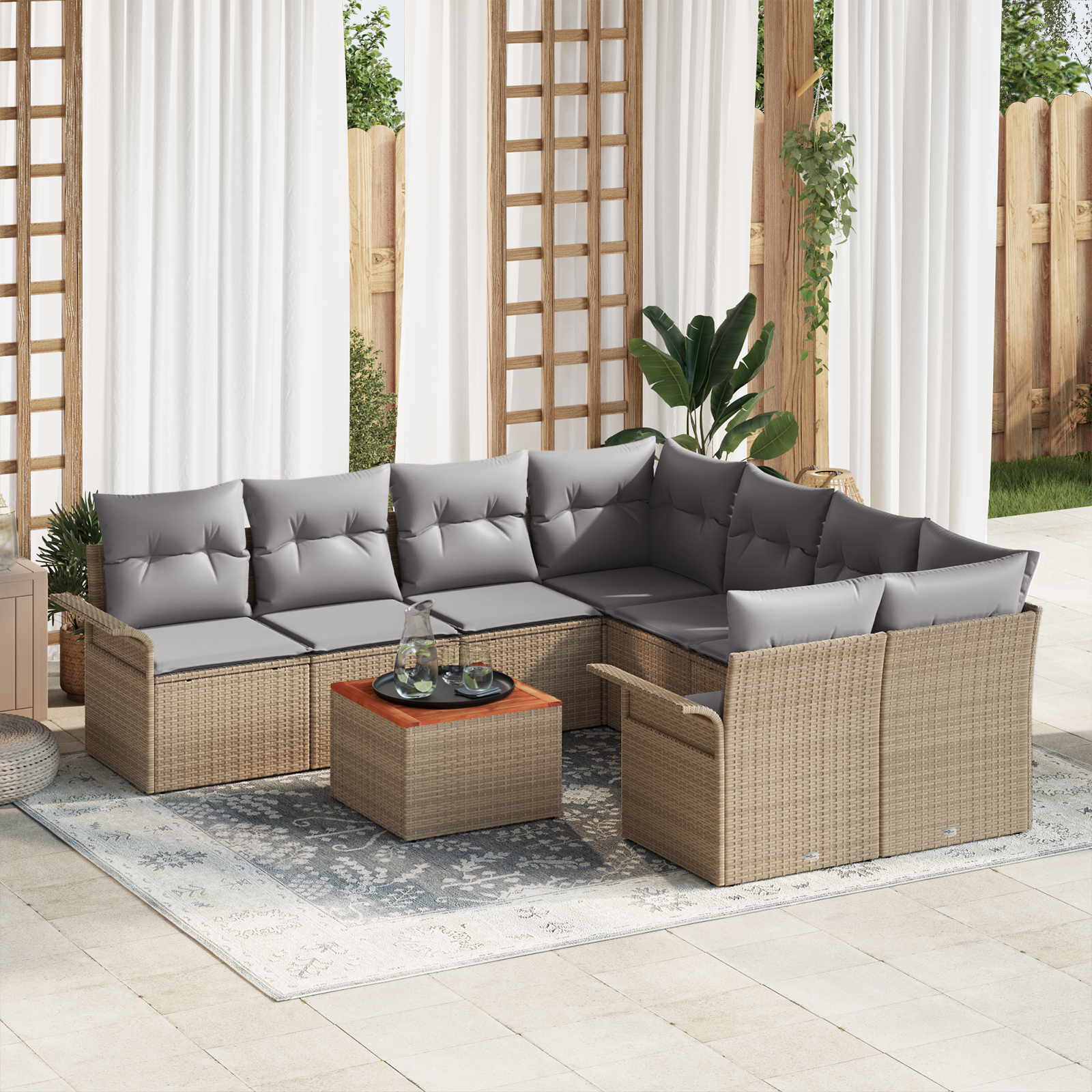 Set Divano da Giardino 9 Pezzi con Cuscini Beige Polyrattan Acacia