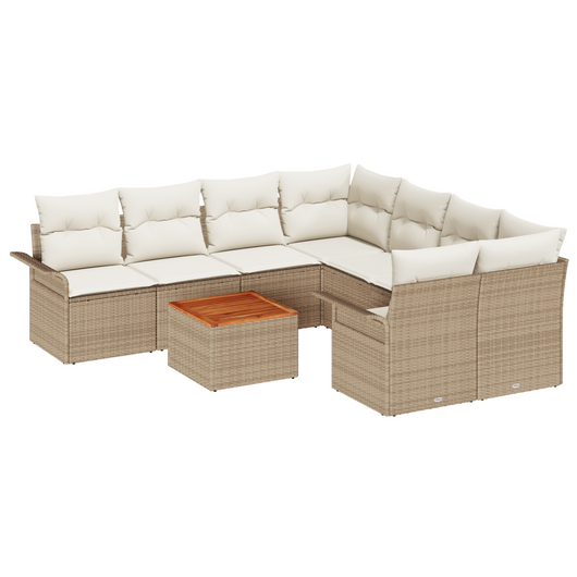 Set Divano da Giardino da 9 Pezzi con Cuscini Beige Polyrattan Acacia