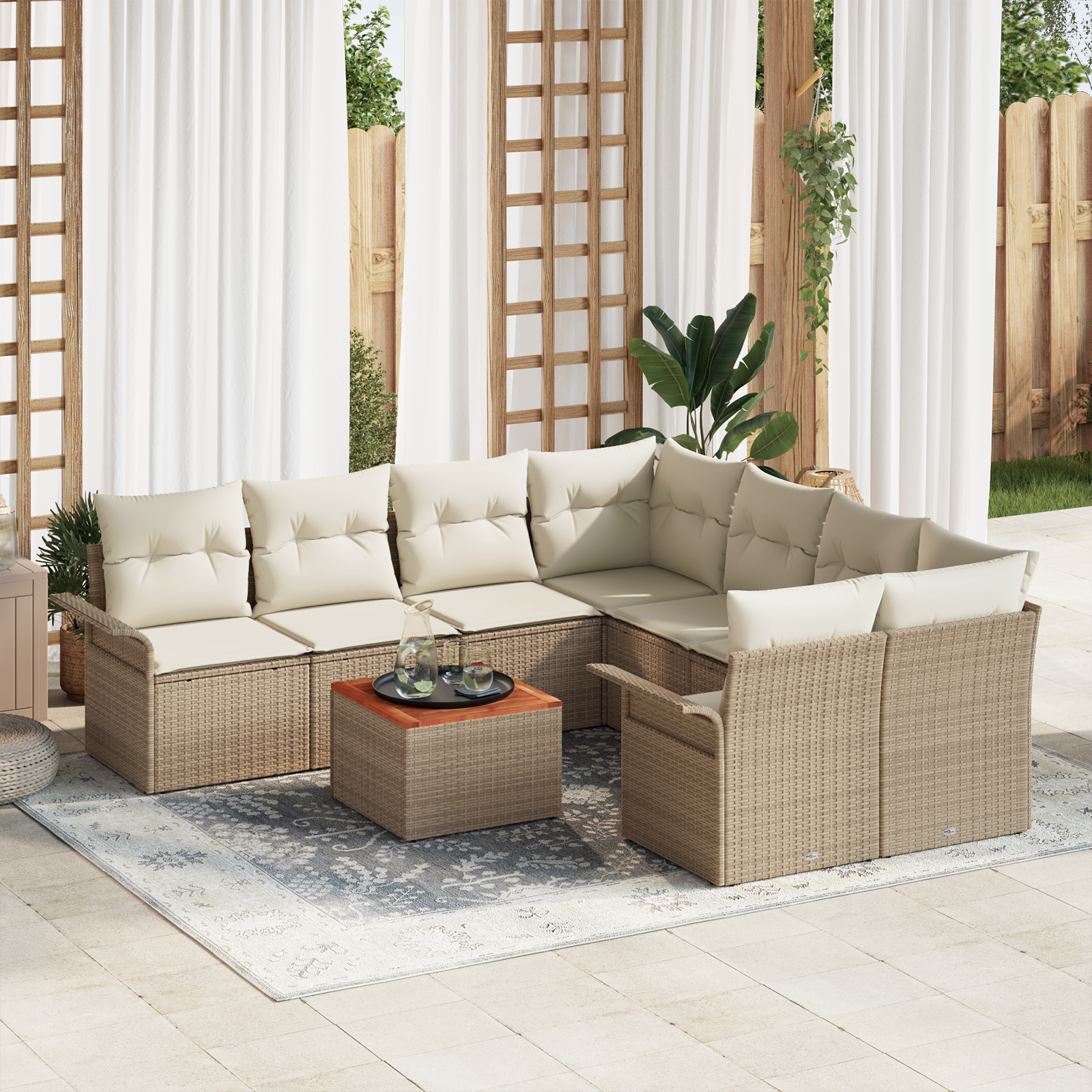 Set Divano da Giardino da 9 Pezzi con Cuscini Beige Polyrattan Acacia