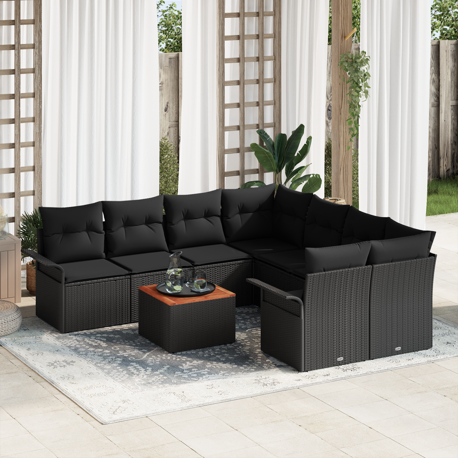 Set Divano da Giardino 9 Pezzi con Cuscini Nero Polyrattan Acacia
