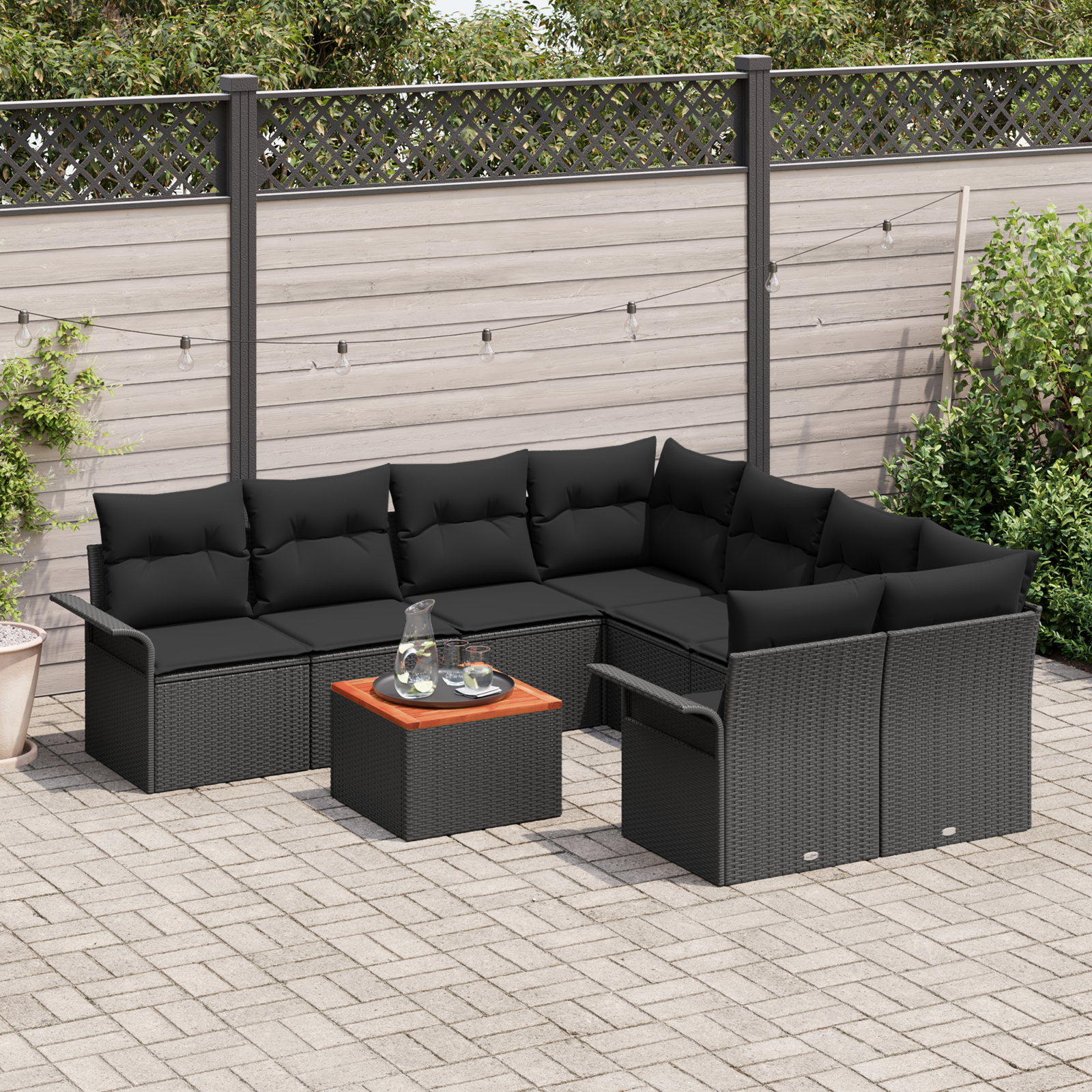 Set Divano da Giardino 9 Pezzi con Cuscini Nero Polyrattan Acacia