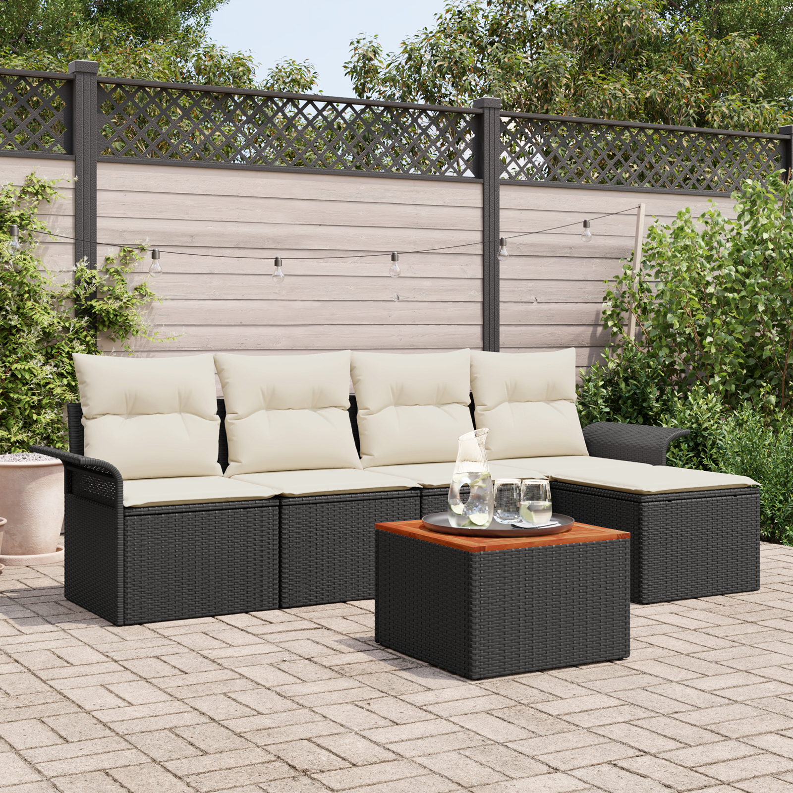 Set divano da giardino 6 pezzi con cuscini in polyrattan nero e acacia