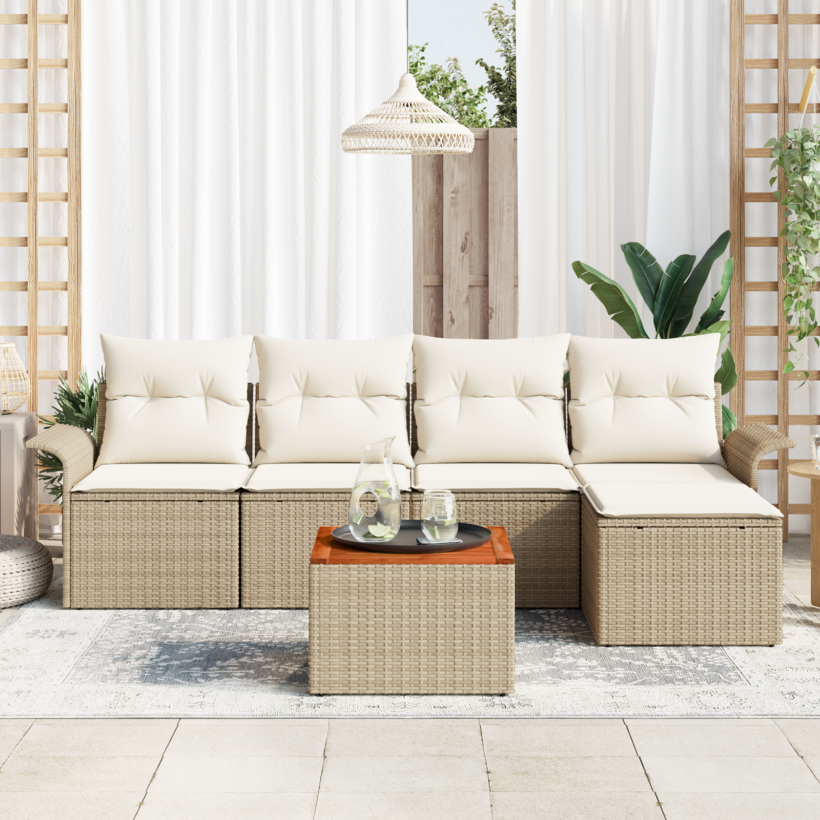 Set di Divani da Giardino 6 Pezzi con Cuscini Beige Rattan Sintetico Acacia
