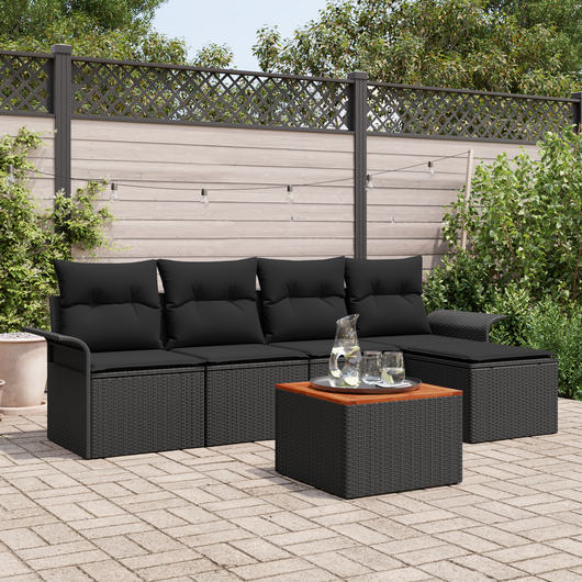 Set di divani da giardino 6 pezzi con cuscini in polirattan nero e acacia