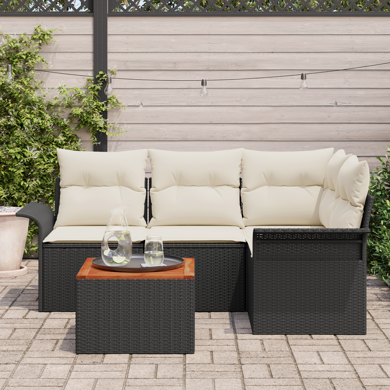 Set Divano da Giardino 5 Pezzi con Cuscini Polyrattan Nero Acacia