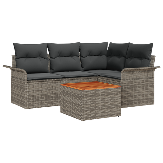 Set Divano da Giardino 5 Pezzi con Cuscini Grigio Poly Rattan Acacia