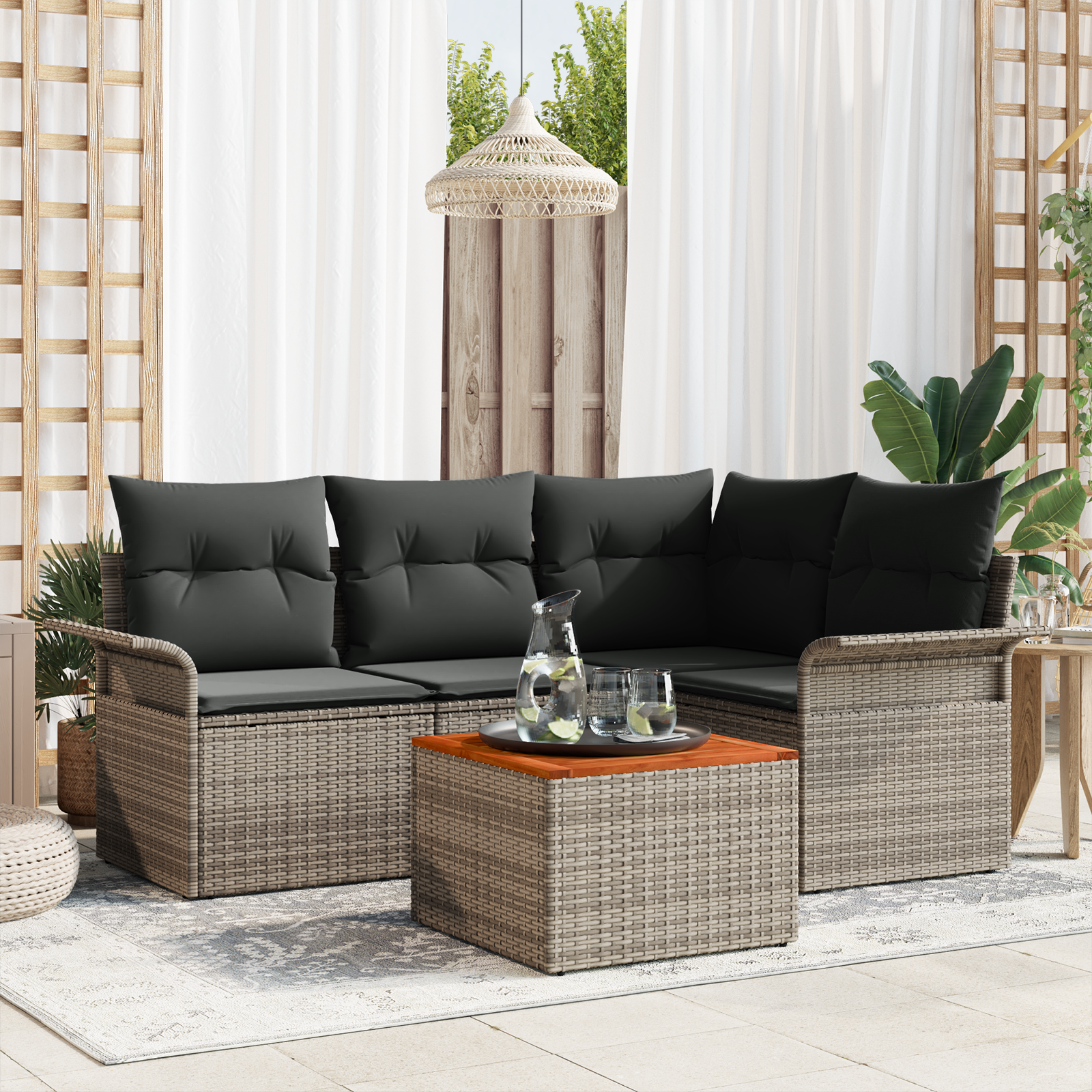 Set Divano da Giardino 5 Pezzi con Cuscini Grigio Poly Rattan Acacia