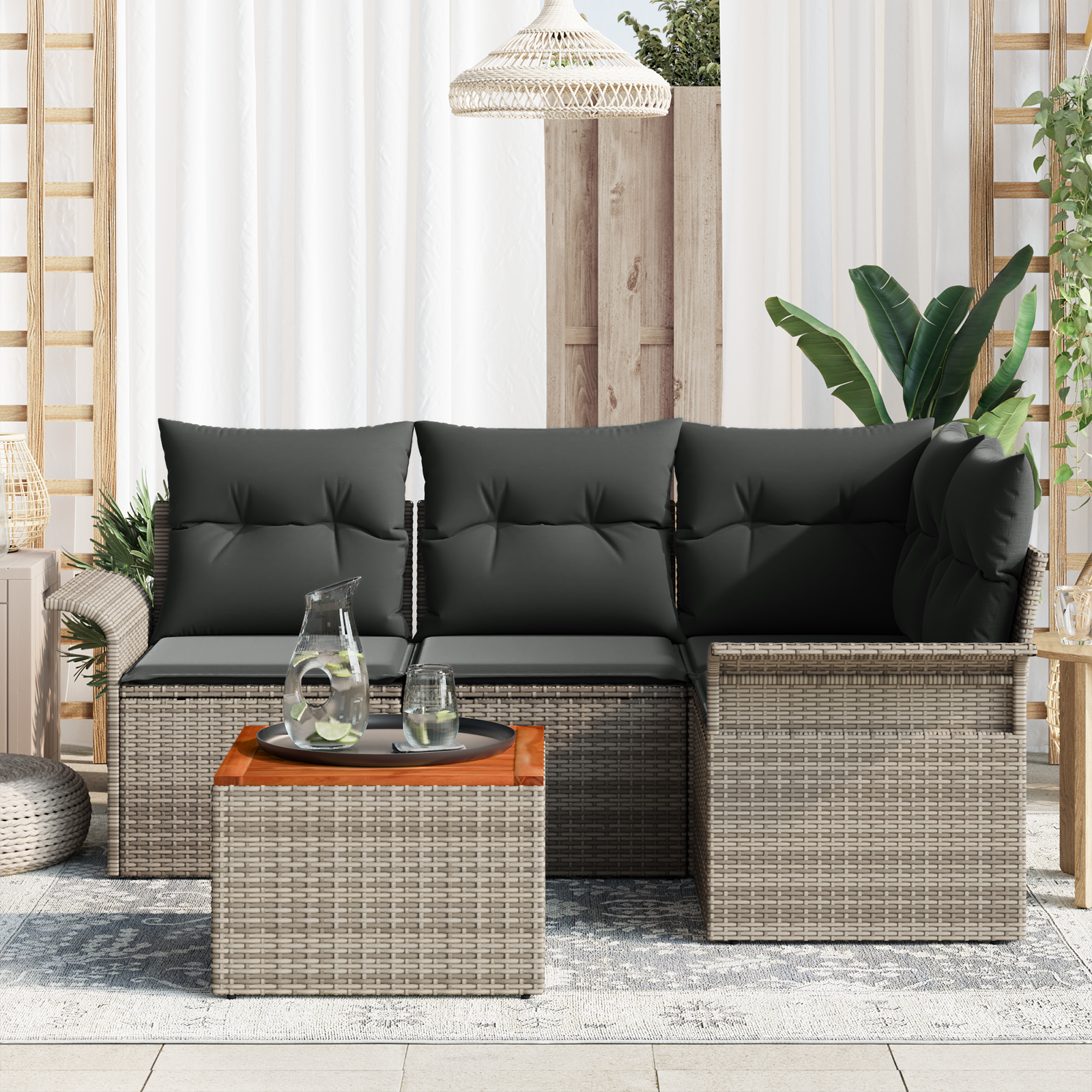 Set Divano da Giardino 5 Pezzi con Cuscini Grigio Poly Rattan Acacia