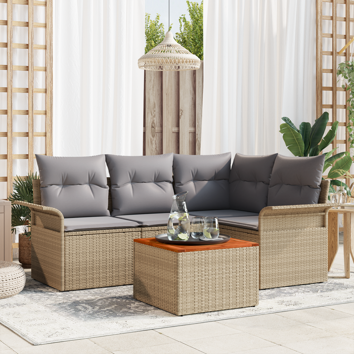 Set divano da giardino 5 pezzi con cuscini beige in polyrattan acacia