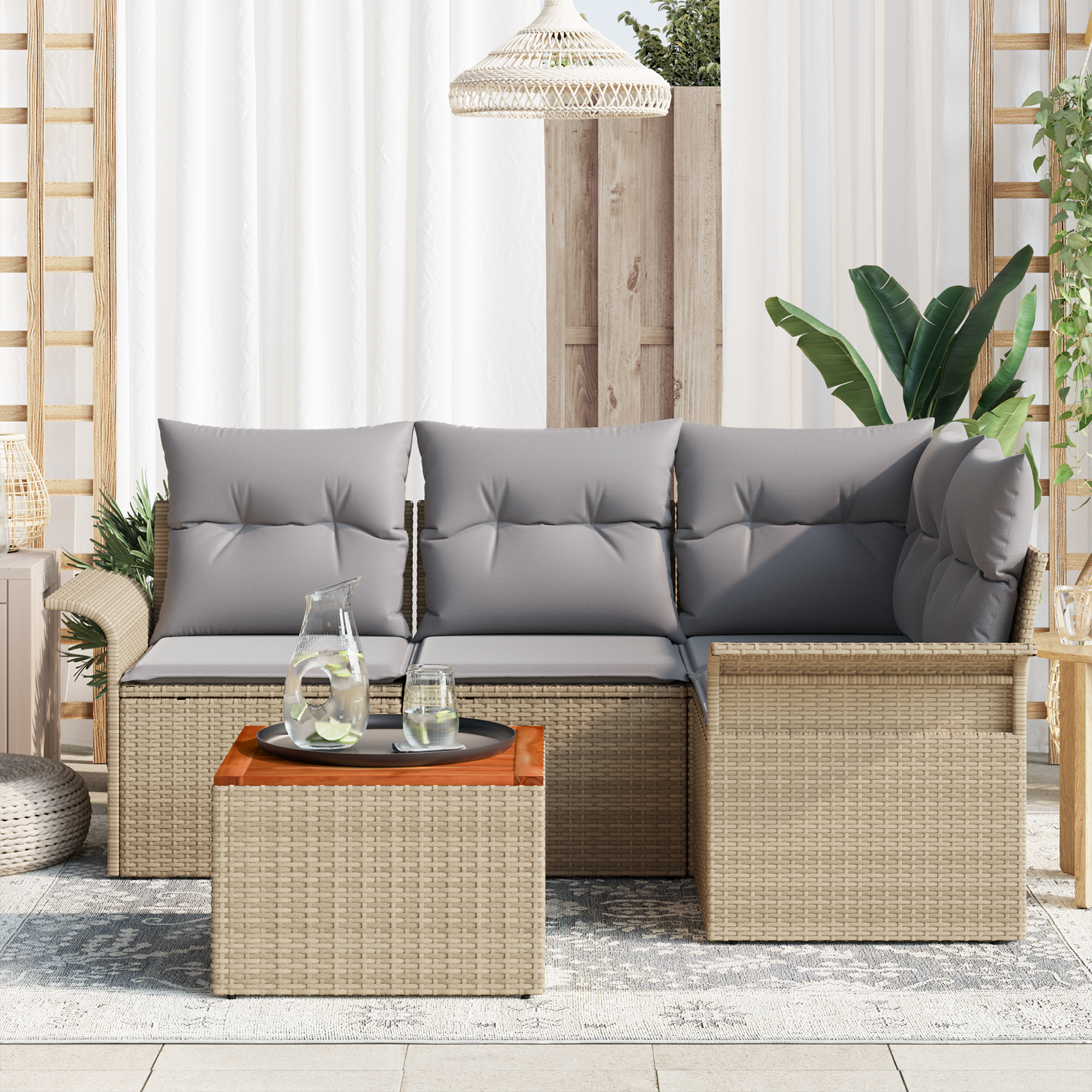 Set divano da giardino 5 pezzi con cuscini beige in polyrattan acacia